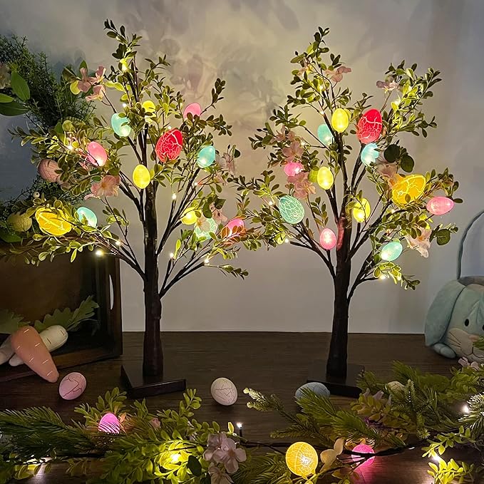 DR.DUDU Easter Decoration Set of 2 Lighted 24 Inch Artificial Tree with Easter Eggs & Colorful LED Lights, Light Up Tabletop Bonsai Tree for Table Home Holiday Spring Decor