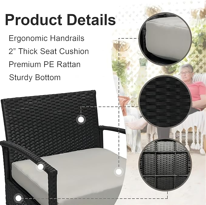 PROHIKER 3 PCS Patio Rattan Conversation Chairs Set, Outdoor Patio Furniture Balcony Furniture Set, Wicker Patio Bistro Set for Garden Porch Balcony Yard, Gray