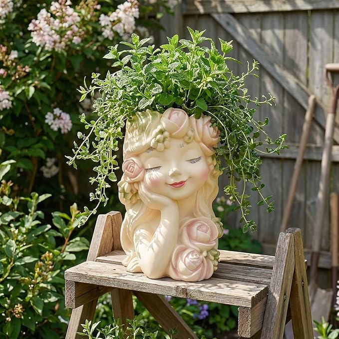 Decorative Garden Fairy Head Planter - Resin Flower Pot, Succulent Planter Holder, Tall Face Planters Pots, Phrenology Head Bust, Unique Planter Pot Sculpture, Elegant Home & Patio Decor