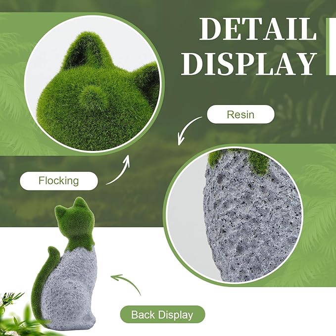 Cat Garden Statue with Flocked Animal Figurines Faux Green Covered Stones for Outdoor Decor, Perfect for Garden Statues and Figurines Outdoors