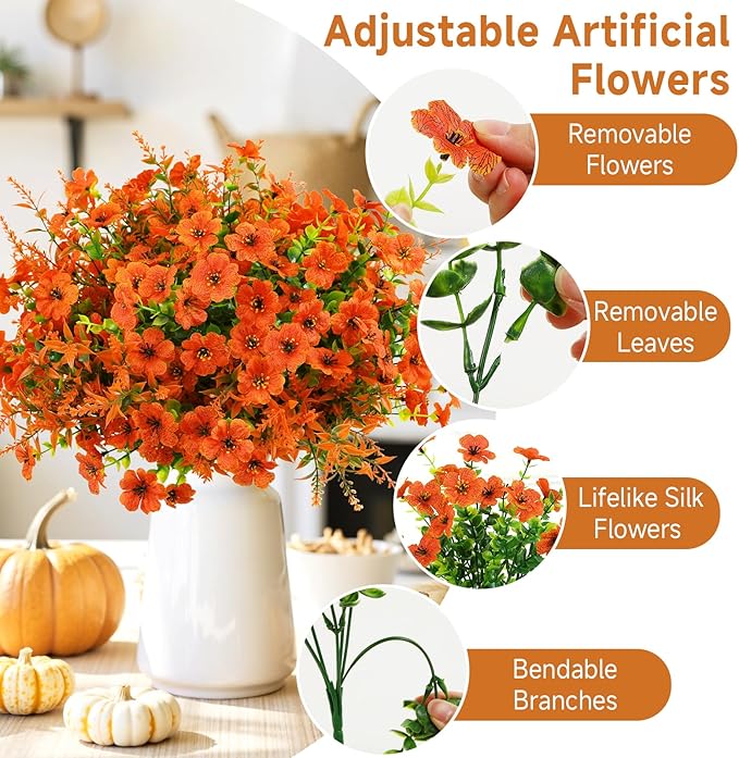 SHareconn 48 Bundles Artificial Flowers for Outdoors Decoration, Faux Plants Fake Silk Colorful Daisy Eucalyptus Lavender, UV Resistant for Outside Home Porch Patio Indoor Spring Decor, Orange
