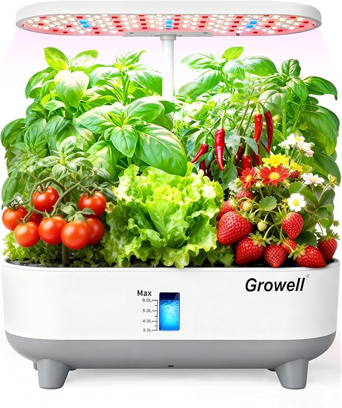Hydroponics Growing System Kit, 16 Pods, Vertical 8L Indoor Gardening System for Herb Vegetable Fruit, with LED Grow Light, Smart Water Circulation, 3 Light Modes & 2 Timer, White