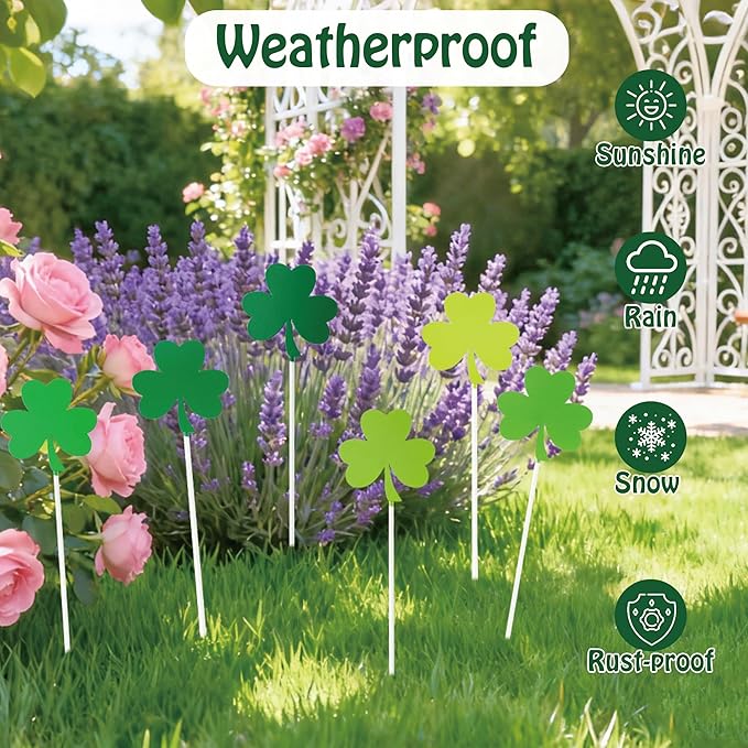 Metal St. Patrick's Day Planter Stakes - 6Pcs Green Shamrock Yard Sign Decorative Garden Stake for Planter Outdoor Backyard Pathway Lawn Plant Pot Decor St. Patrick's Day Spring Party Supply