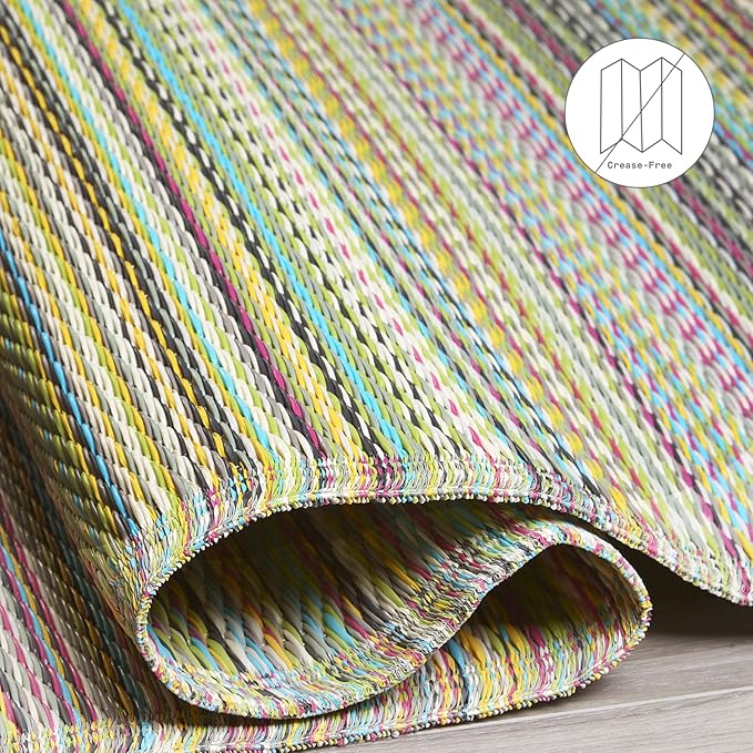 Fab Habitat Outdoor Rug - Waterproof, Fade Resistant, Crease-Free - Premium Recycled Plastic - Striped - Patio, Porch, Deck, Balcony - Cancun - Candy - 5 x 8 ft