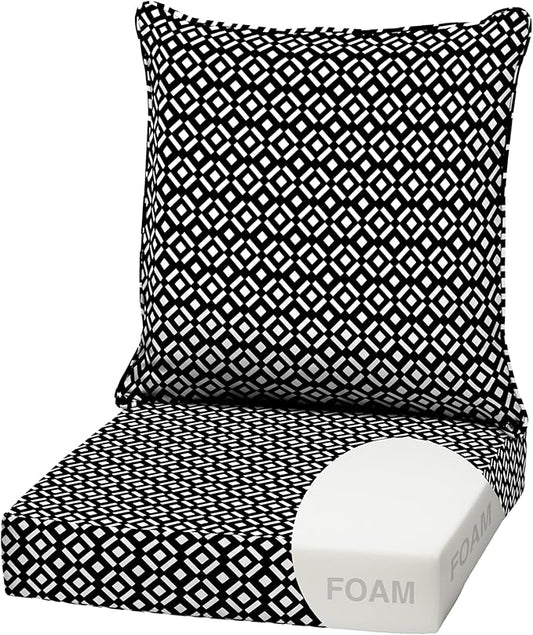 Arden Outdoor Foam Deep Seat Cushion Set, 22 in x 24 in, Weather-Proof, Rain-Proof, Fade Resistant Patio Cushion, Bottom and Back Cushion for Chair, Sofa, and Couch Black Demi Tile