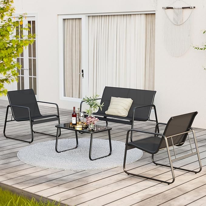 Gizoon 4 Piece Patio Furniture Set, Outdoor Patio Furniture with Loveseat and 2 Single Chairs, Bistro Table and Chairs Set for Backyard, Balcony, Lawn,Black