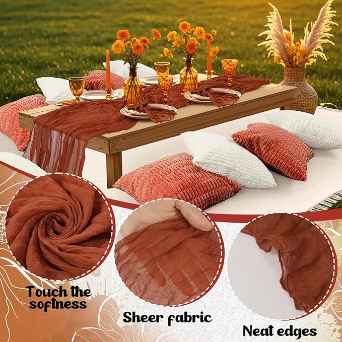 91 x 71 Extra Large Outdoor Boho Picnic Blanket with Terracotta Table Runner, 6 Throw Pillow Covers 6 Napkins Woven Cotton Yarn Oversize Beach Blanket Washable Picnic Camp Wedding