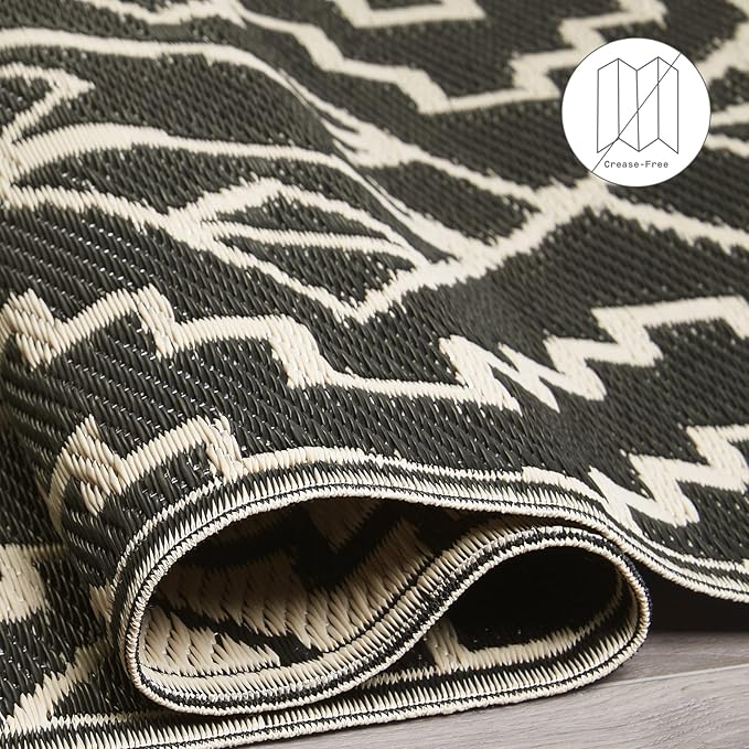 Fab Habitat Outdoor Rug - Waterproof, Fade Resistant, Crease-Free - Premium Recycled Plastic - Tribal Boho Neutral - Porch, Deck, Balcony, Hallway, Poolside - Kilimanjaro - Black - 2.5 x 8 ft Runner