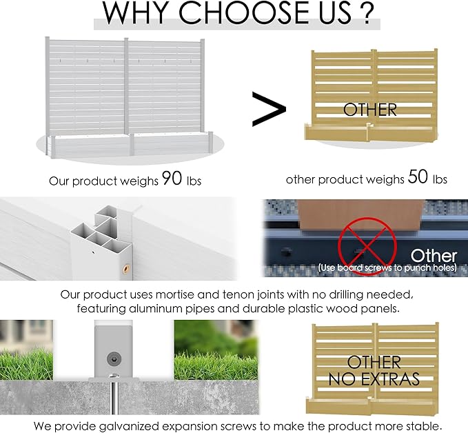 Kozyard 2Pack Privacy Screen with Planter, 70" H x 51" W Outdoor Garden Screen, Waterproof Aluminum Frame with Thick Wood-Plastic Boards, Decorative Privacy Screen for Patio, Balcony & Backyard White