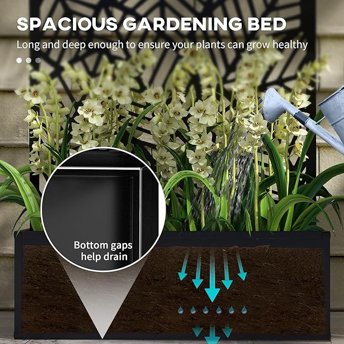 Outsunny Outdoor Privacy Screen with Planter Box, Metal Privacy Panel, and Raised Garden Bed, Wall-Mounted or Freestanding for Garden, Patio, Pool, Hot Tub, Black