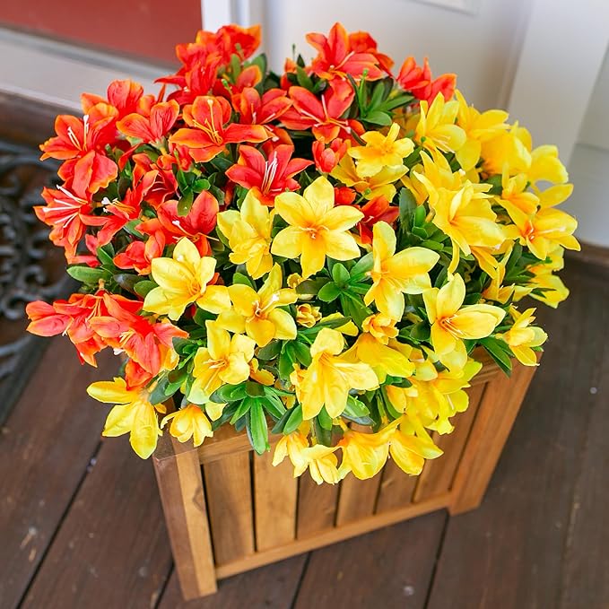 INSPRING Artificial Fake Flowers for Outdoors Spring Decoration, 3 Bundles Realistic Faux Azalea Plants Flower UV Resistant Silk Flowers for Outside Outdoor Planter Porch Patio Yard Garden Home, Mix