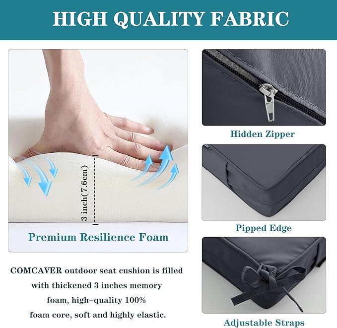Outdoor Bench Cushions 45 x 18 Inch Thick Waterproof Porch Swing Cushions with Tie Patio Furniture Chair Cushion Bench Pad Color Fastness Backyard Seat Pads Dark Grey