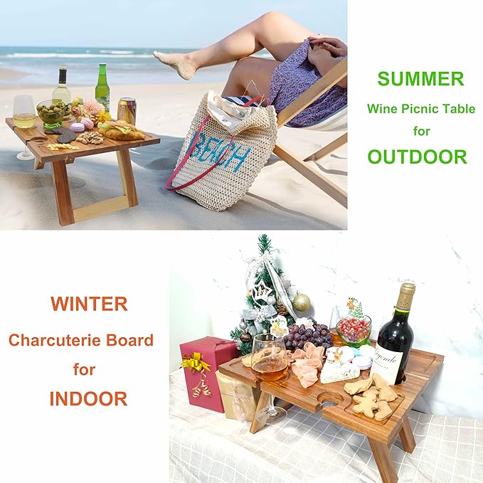 Portable Wine Picnic Table, Acacia Wood, Larger Tray Foldable, Charcuterie Board, Wine Gift, Decor for Romantic Camping, Engagement Party, Concerts, Glamping, Winter Adventure