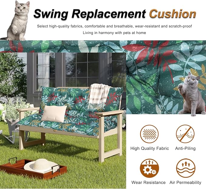 2-3 Seat Swing Replacement Cushion, Outdoor Bench Cushions with Backrest Thicken 4", Patio Furniture Garden Porch Loveseat Glider Pad Anti-Fading Waterproof (Green Flower, 40x60in)