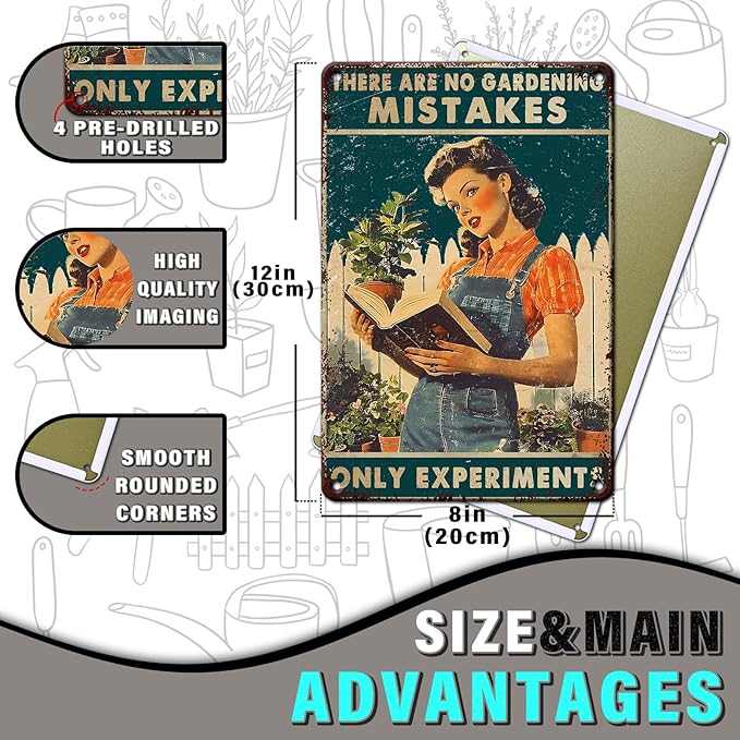 PEACHGARDEN Garden Vintage Tin Sign Metal Signs There are No Gardening Mistakes Signs for Garden Decor Fence Patio Yard Farm Lawn Decoration Sign 8x12inch
