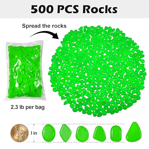 Glow in The Dark Rocks Outdoor, 500 pcs Green Solar Rocks for Landscaping, Outdoor Decor Glow in The Dark Stones, Glowing Pebbles for Garden Backyard Patio Lawn Pond Fish Tank Aquarium Decor
