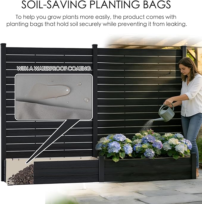 Kozyard 2Pack Privacy Screen with Planter, 70" H x 51" W Outdoor Garden Screen, Waterproof Aluminum Frame with Thick Wood-Plastic Boards, Decorative Privacy Screen for Patio, Balcony & Backyard Gray