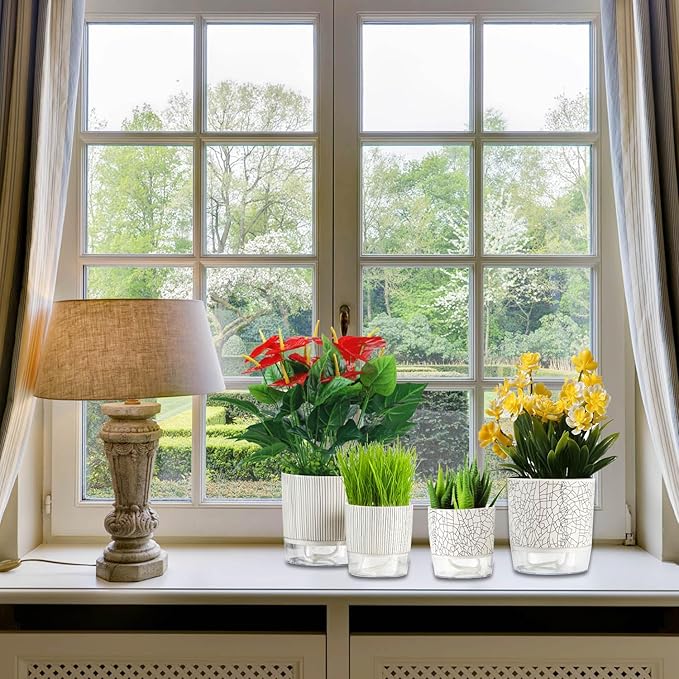 BamLue 4-Piece Self Watering Plant Pot for Indoor Plants, Self Watering Planter, Flower Pots Outdoor Indoor, Planters with Drainage Hole and Tray Saucer, Houseplants Pots with Water Reservoir