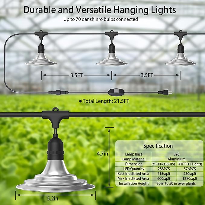 Outdoor LED Grow Light, Waterproof String Plant Growing Light, 21 FT Full Spectrum Growth Light, Suitable for Garden, Farm, Flower, Seedling Greenhouse Grow Light (6 Light)