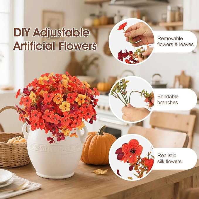Artificial Fall Mums Flowers Plants for Outdoor Decoration, 12 Bundles Fake Faux Silk Orange UV Resistant Look Real for Autumn Front Door Porch Planter Patio Garden Home (12Pcs Orange Begonia)