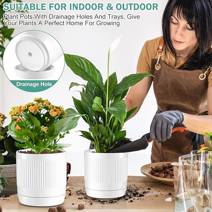 Vanavazon 6 Inch Glazed Ceramic Plant Pots Indoor with Drainage Hole and Saucer, Cylinder Indoor Planters for All House Plants, Modern Decor for Home & Office, Set of 2 (White)