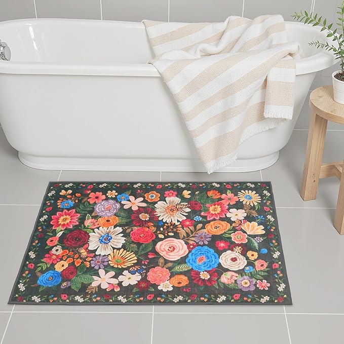 Black Area rugs 24x17 Inch Home Decor Entry Rug, Small Door Mat Bath Mats for Bathroom, Ultra-Thin Non Slip Floral Low Pile Tub Mat for Sink Shower Doorway Tub Kitchen Sink(2 x 1.4 ft, Black Garden)