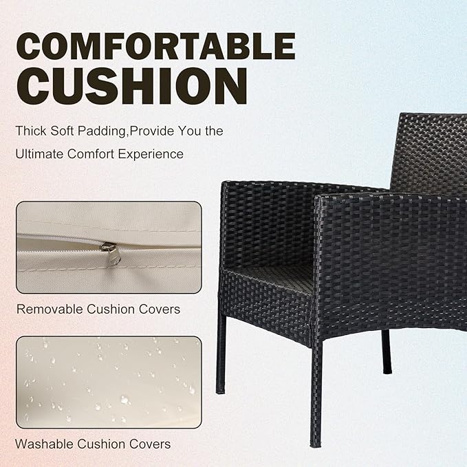 PROHIKER 4 Piece Outdoor Wicker Patio Conversation Furniture Set, Rattan Chair Wicker Sofa Garden Conversation Sets with Cushion and Glass Table for Yard Pool or Backyard