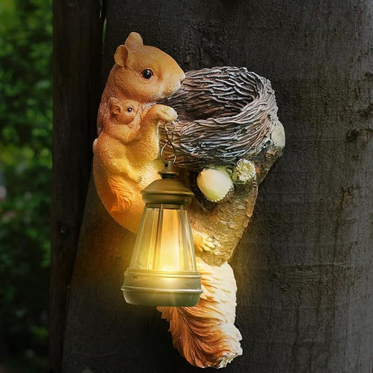 Squirrel Tree Hugger Garden Outdoor Statue Decor with Solar Powered Lantern for Outside Porch Patio Wall Tree Fence, Squirrel Figurine Birthday Gifts for Mom