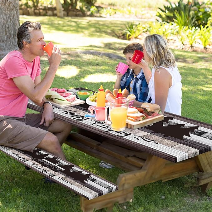 Picnic Table Cover with Bench Covers Elastic Edges, Grey Camper Fitted Table Cover, Outdoor Patio Camping Essentials 72 Inch 3PCS, Waterproof Camping Fitted Tablecloth with Drawstring Bag