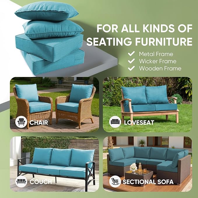 Outdoor Furniture Cushions, 6 inch Thick Seat Cushions for Outdoor Furniture, Waterproof 24x24 Patio Couch Cushions, Replacement Chair/Sofa Cushion, Include 4 Back & 4 Seat Cushion, Thick/Cyan Blue