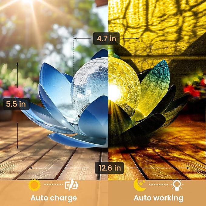 GIGALUMI Solar Light Outdoor Garden Decor, Lotus Flower Light Crackle Globe Glass Lantern Outdoor Table Decor Waterproof for Patio, Lawn, Pathway, Pool, Pond, Christmas Gift (Blue Petal)