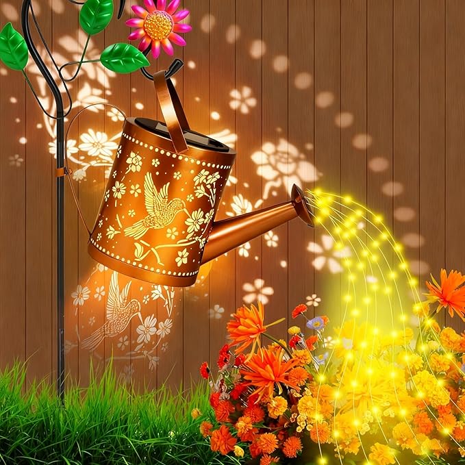Gifts for Women Mom, Outdoor Hanging Solar Lantern Waterproof Metal Openwork Hummingbird Watering Can Landscape Lights with Shepherd Hook for Porch Lawn Driveway Backyard Pathway