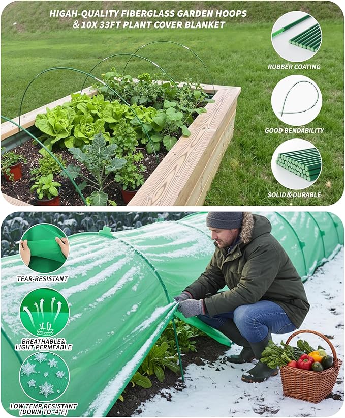 10ft x 33ft Plant Frost Protection Cover, 1.3 oz/yd² Reusable Freeze Blanket with 36 Hoops & 12 Stakes, Garden Greenhouse Tunnel for Winter Snow, Frost & Pest Protection on Outdoor Raised Beds