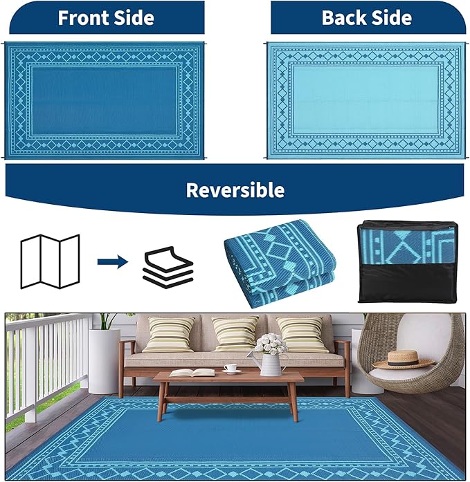 Garvee Outdoor Rug 9x18 ft, Patio Plastic Straw Rug Waterproof Reversible Patio Mat, Large Plastic Straw Rug for RV, Camping, Deck, Balcony, Easy Clean & Portable,Green/Blue