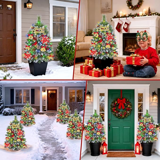 MARTINE MALL Set of 2 Outdoor Christmas Tree with Lights, 30in Christmas Urn Filler Christmas Planter Filler Outdoor Holiday Planter Bushes with Poinsettia Cardinal Birds for Front Porch Pathway