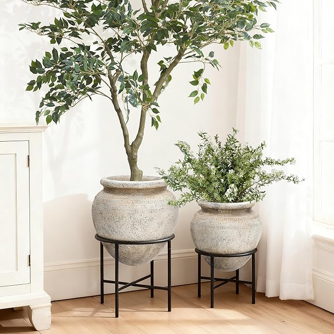 LuxenHome 17.5" Dia Large Planters for Indoor Plants, Indoor Plant Pots with Stand, Distressed Cachepot for Living Rooms, Entryway, Office