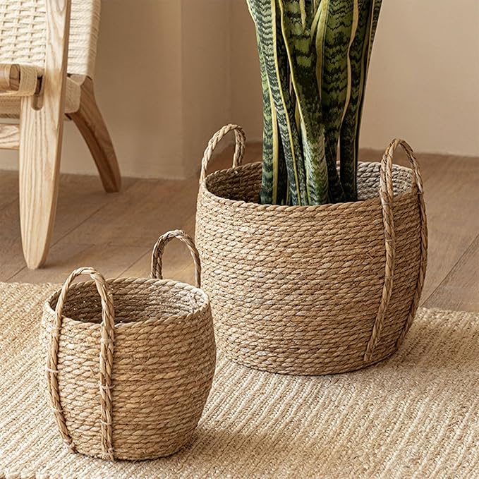 Rattan Grass Woven Flower Basket, Decorative Round Wicker Woven Rope Storage Blanket Basket with Woven Handles,Planter Pot for Living Room,Floor Standing Storage,Balcony Garden Decoration