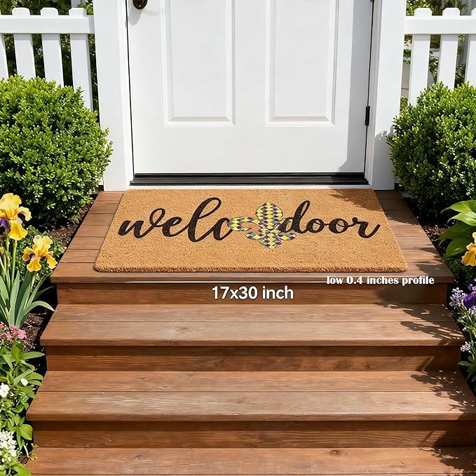 Mardi Gras Welcome Door Mat Outside Entrance, Faux-Coir Thin Doormat, Holiday Outdoor Decoration Outdoor Porch-Rug 17"X30" Non-Slip Dirt-Trapping for Home Garden Farm Spring Decor