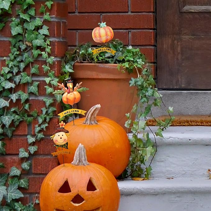 Fall Thanksgiving Halloween Garden Stakes, 3 Pcs Vintage Handmade Metal Yard Decors Featuring Pumpkin, Scarecrow & Turkey, Seasonal Outdoor Lawn & Indoor Décor, for Home & Garden Lovers