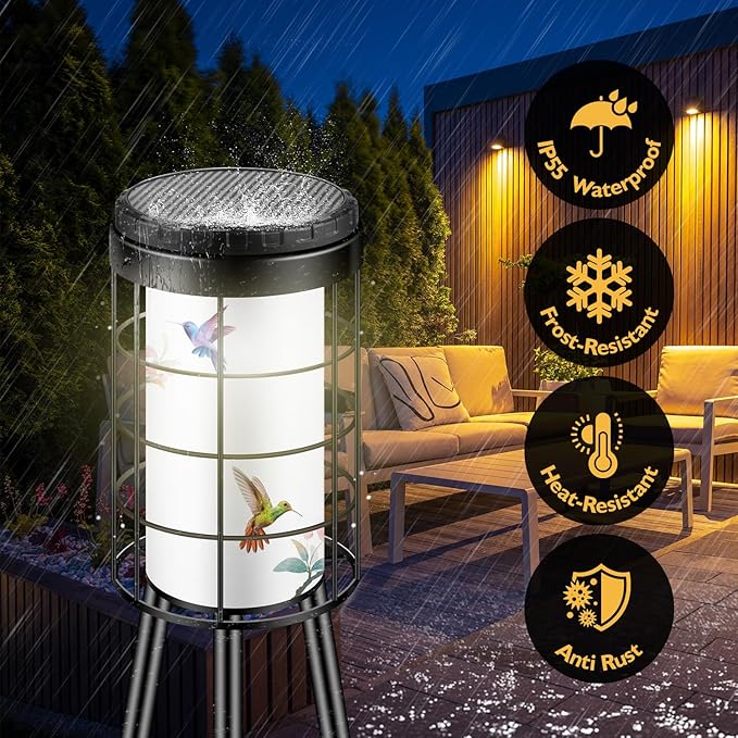 2 Pack Outdoor Solar Floor Lamp with Plant Stand, Hummigbird Print, Solar & USB 2 Way Charging, Garden Decor Gifts for Women Mom Grandma