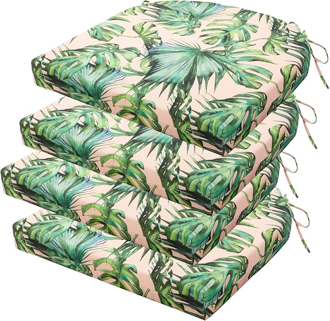 Outdoor Chair Cushions Set of 4, 17 x 16 Inch Patio Chair Cushions for Outdoor Furniture, Water Resistant, Non-Slip Ties(Tropical Rainforests)