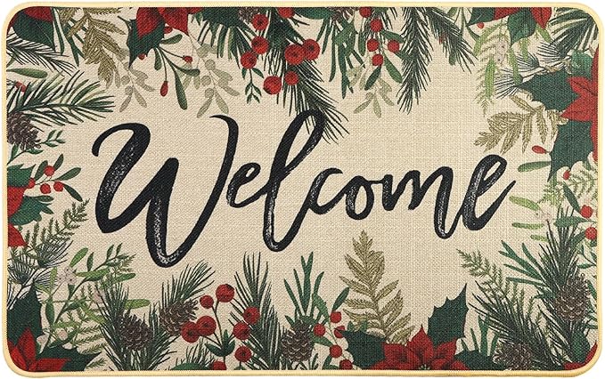 Christmas Welcome Doormat，Winter Christmas Outdoor Safflower Garden Rug Leaves Decor Floor Front Door Mat Non-Slip Entrance Mat for Home Kitchen Bathroom Decorations 17 X 29 Inch