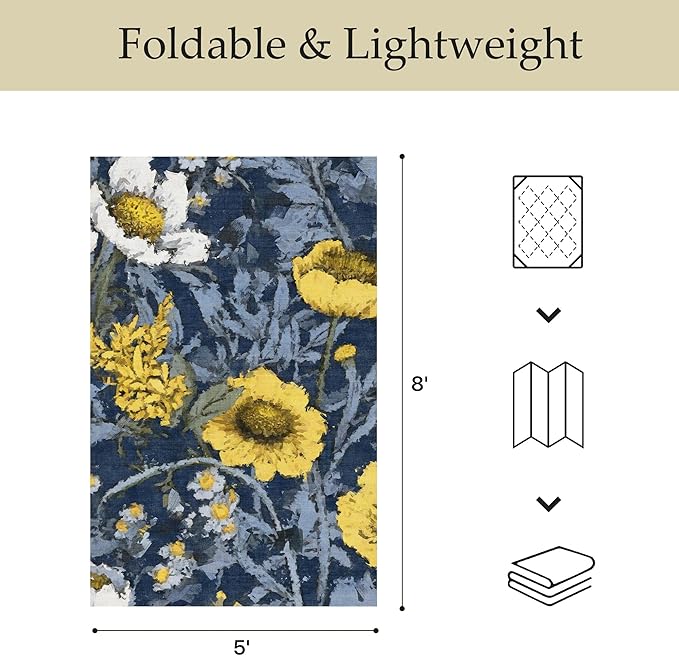 GENIMO Indoor Outdoor Area Rug 5'x8', Machine Washable Rugs for Patio, Waterproof, Non-Slip Easy Cleaning Floral Outdoor Mat Carpet for Living Room, Bedroom, RV, Balcony, Deck, Camping, Blue