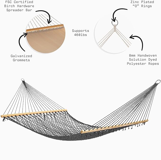 Fab Habitat 12-14 ft Adjustable Quick Dry Recycled Polyester Rope Hammock, Fade Resistant, 2 Person Indoor/Outdoor (460lbs Capacity) for Patio, Poolside, Backyard, Garden, Balcony, Miami - Charcoal