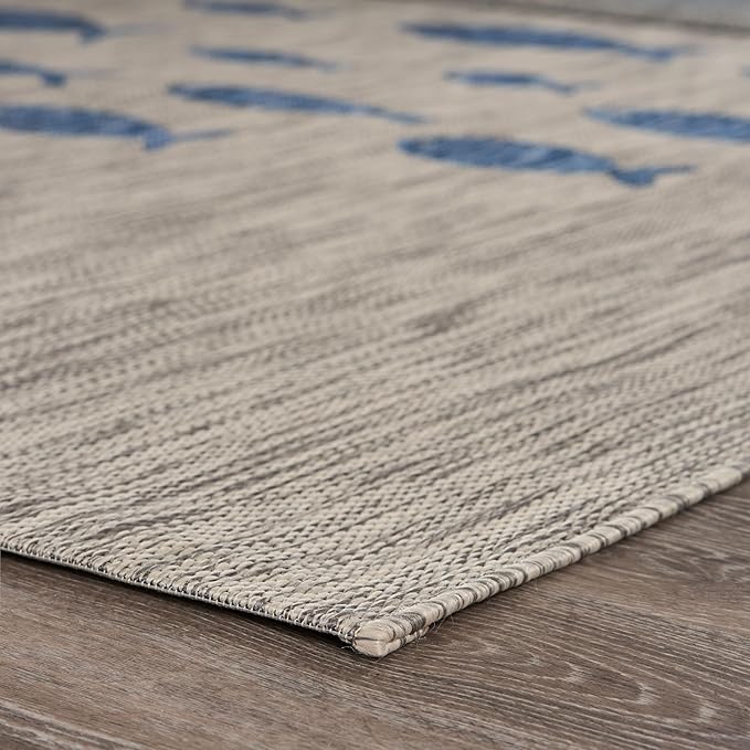 LR Home 8x10 Indoor/Outdoor Area Rug for Home Decor | Coastal School of Fish Large Size Carpet for Living Room, Bedroom, Playroom, Patio, Garden | Modern Farmhouse Rug | Gray/Navy