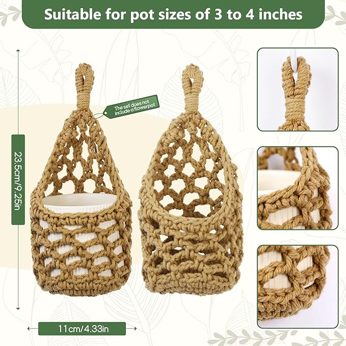 Macrame Wall Plant Hanger, Hanging Planter Basket Holder, Wall Planters for Indoor Plants, for Up to 4 Inch Pot (Brown, 4-Inch)