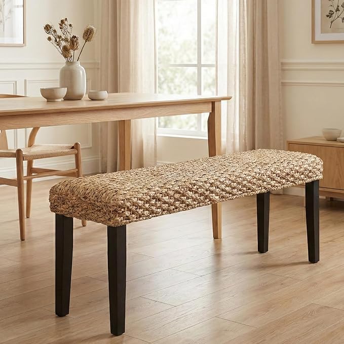 Solid Wood Acacia Indoor Bench with Natural Woven Seat, Boho Bench Entryway, Wood Bench for Living Room, Dining Benches, Wooden Bench for Bedroom, Entryway (Black Leg, Water Hyacinth)