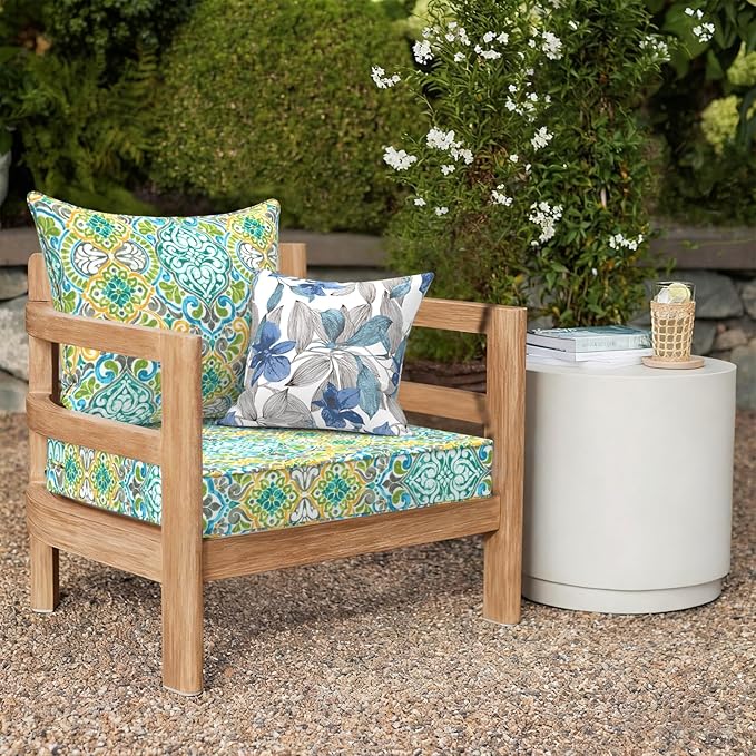 Outdoor Deep Seat Cushion Set, Water Repellent 24"x24" Patio Thick Cushions Replacement with Seat & Back Pillow for Patio Sofa, Wicker Chair, Couch - Damask Green