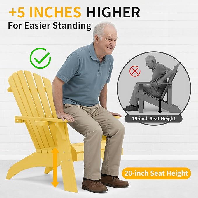 Psilvam Adirondack Chair, Oversized Poly Lumber Fire Pit Chair with Cup Holder, 350Lbs Support Patio Chairs for Garden, Weather Resistant Adirondack Chair Looks Like Real Wood (4, Yellow)