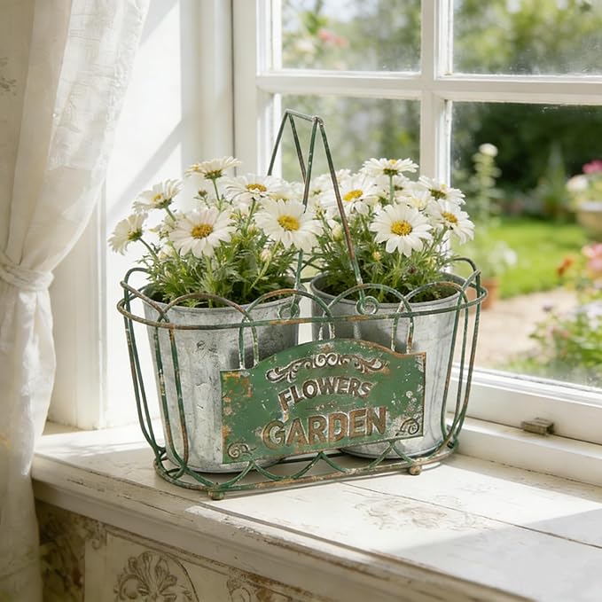 Vintage 2-Piece Metal Planter Set, Distressed Green Iron Wire Basket with Flowers Garden Sign, Rustic Farmhouse Plant Pots for Tabletop, Window Sill & Balcony Decor